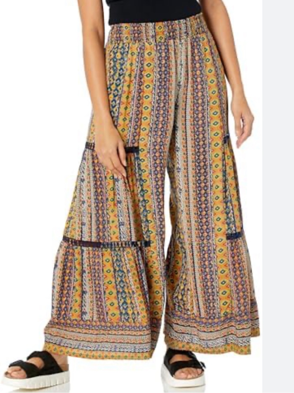 Angie Boho Printed Wide-Leg Pants in Olive and Black with Crochet Cutouts